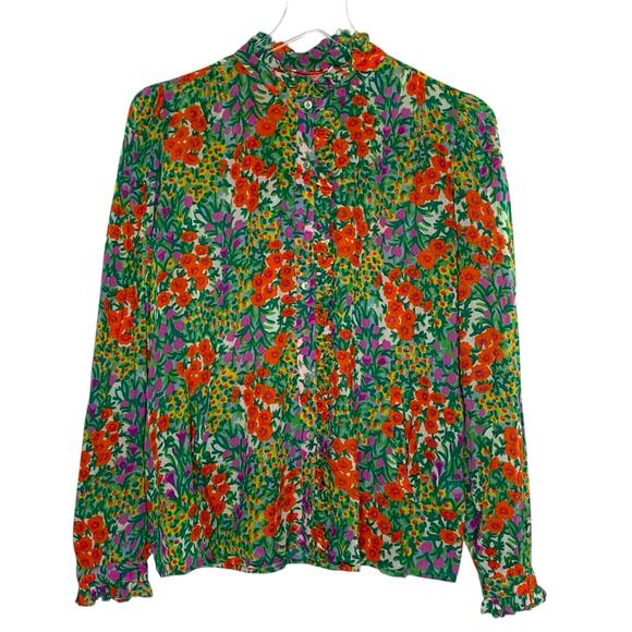 Banjanan XS Button Front Floral Shirt Ruffle Collar Lightweight Cottage Boho - Picture 1 of 7